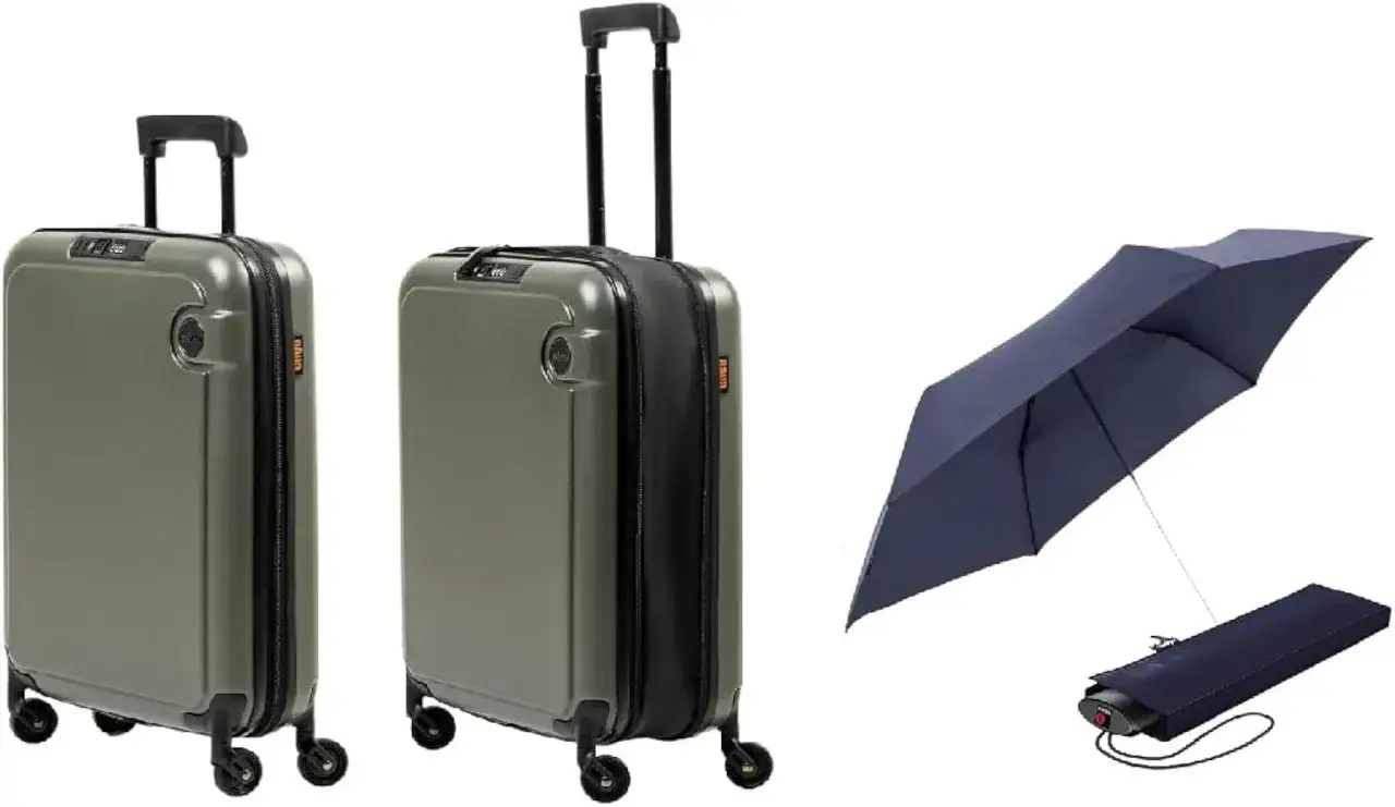Dwa zielone walizki i granatowy parasol. Czy można zabrać parasol do samolotu? Tak, zazwyczaj można go zabrać jako bagaż podręczny.