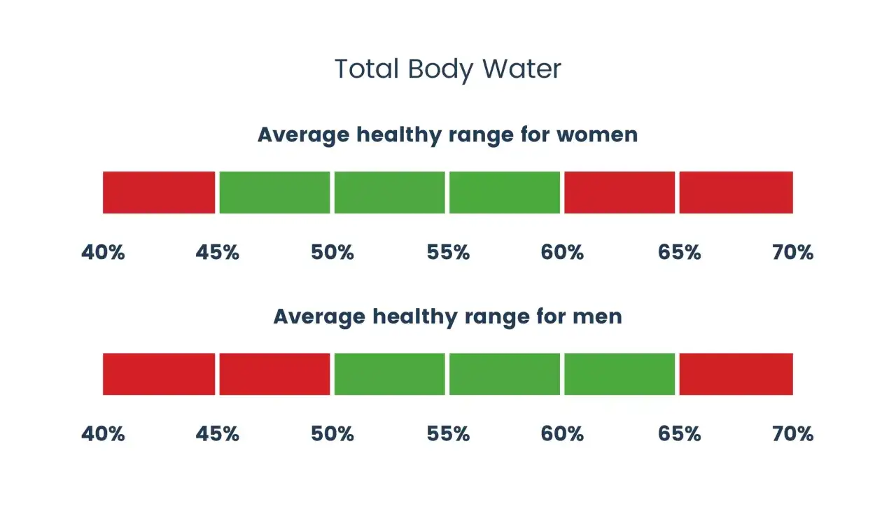 Wykres pokazuje zakresy TBW (Total Body Water) dla kobiet i mężczyzn. Zielony kolor oznacza zdrowy zakres.