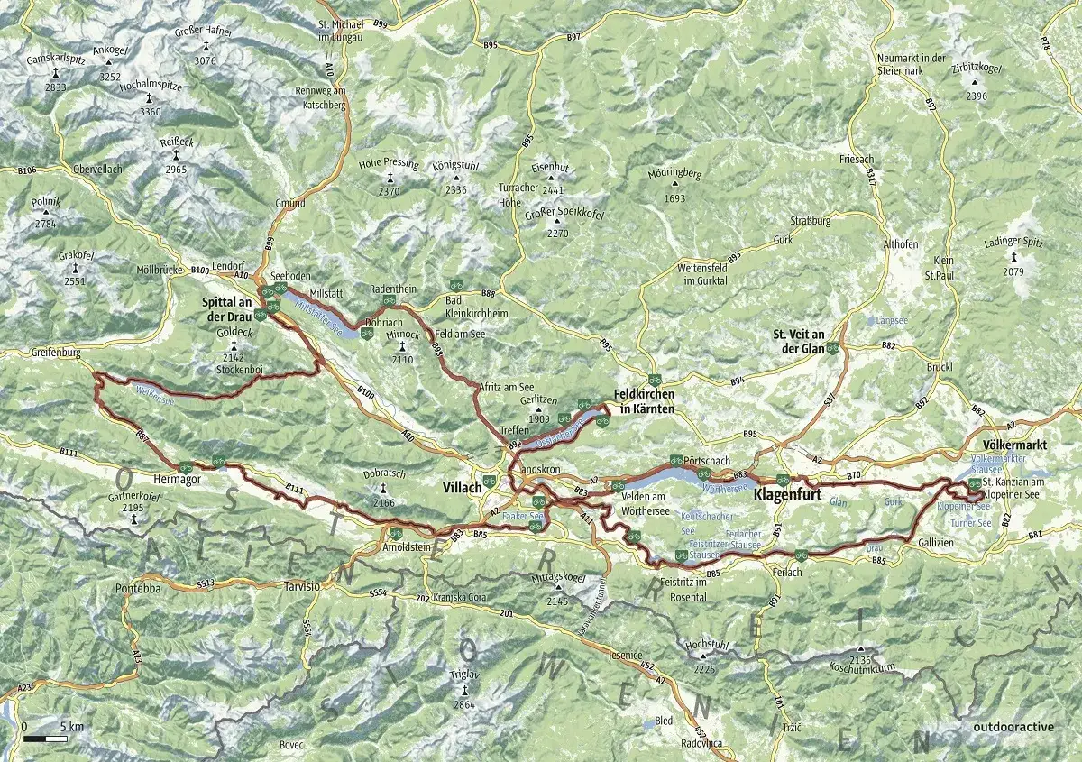Mappa dei laghi dell'Austria, con percorsi ciclabili e sentieri escursionistici che attraversano montagne e valli, mostrando laghi come il Millst&auml;tter See e il W&ouml;rthersee.