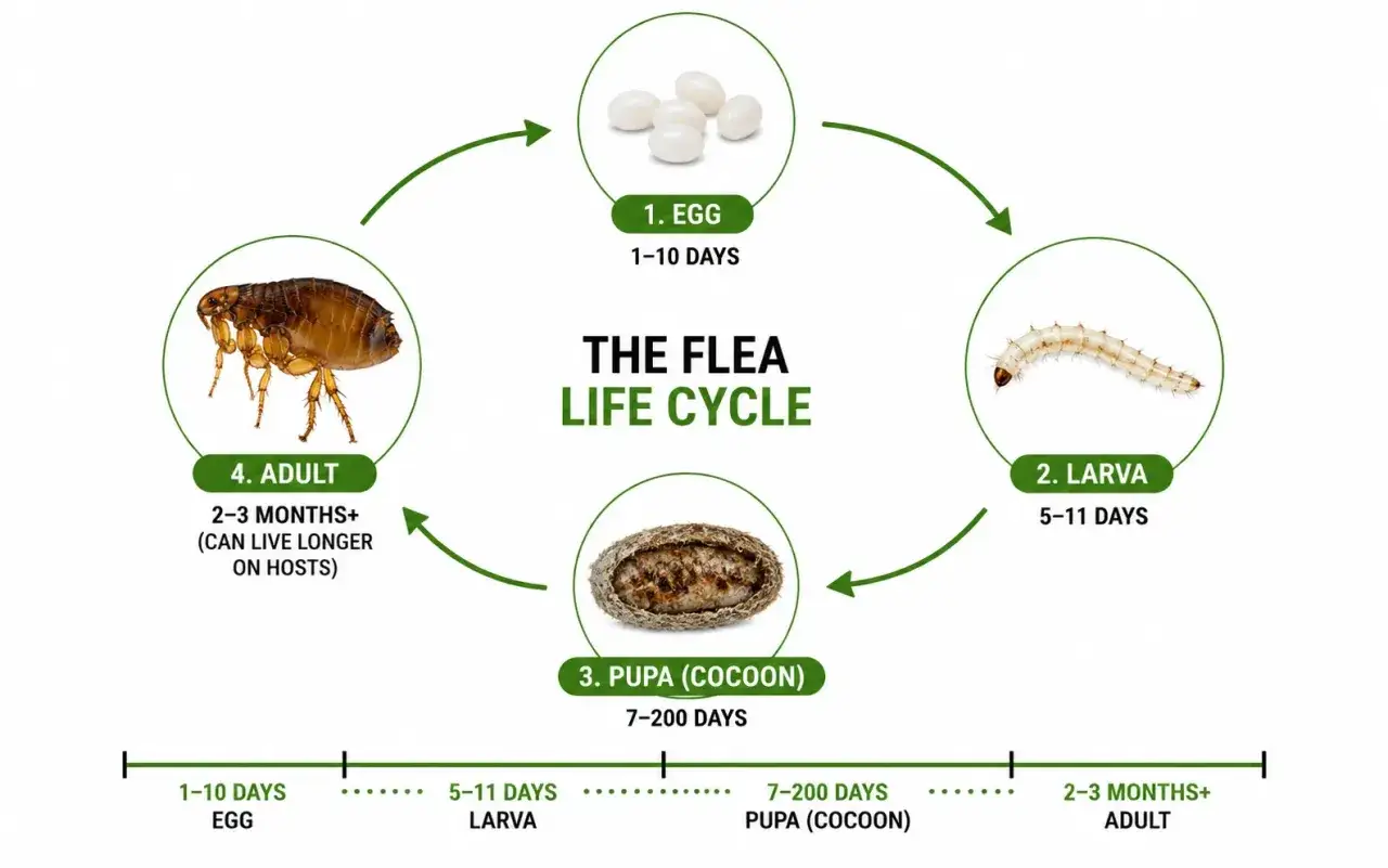 Cycle de vie de la puce : œuf, larve, pupe (cocon), adulte. Comprendre ce cycle est essentiel pour le traitement des puces chez le chien.