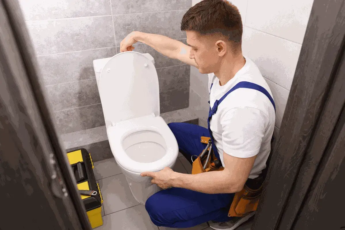 Idraulico controlla il water, un filo d'acqua scende nel water. Cassetta degli attrezzi gialla accanto.