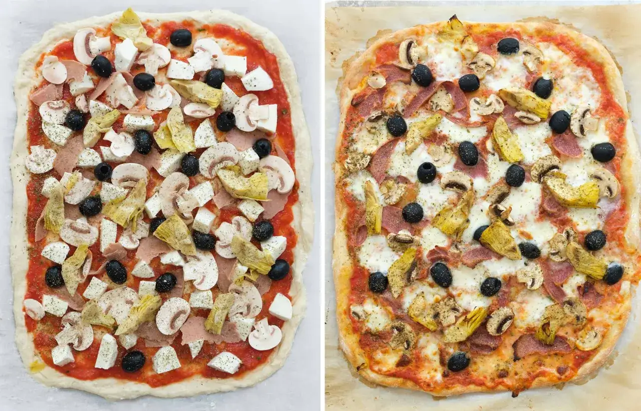 Pizza capricciosa przed i po upieczeniu. Z szynką, pieczarkami, karczochami i oliwkami. Idealna na szybki obiad, a jej capriciosa kcal zależą od składników.