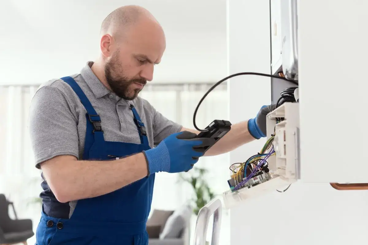 Tecnico con guanti blu controlla la caldaia con un dispositivo. La manutenzione caldaia ogni quanto è fondamentale per la sicurezza.