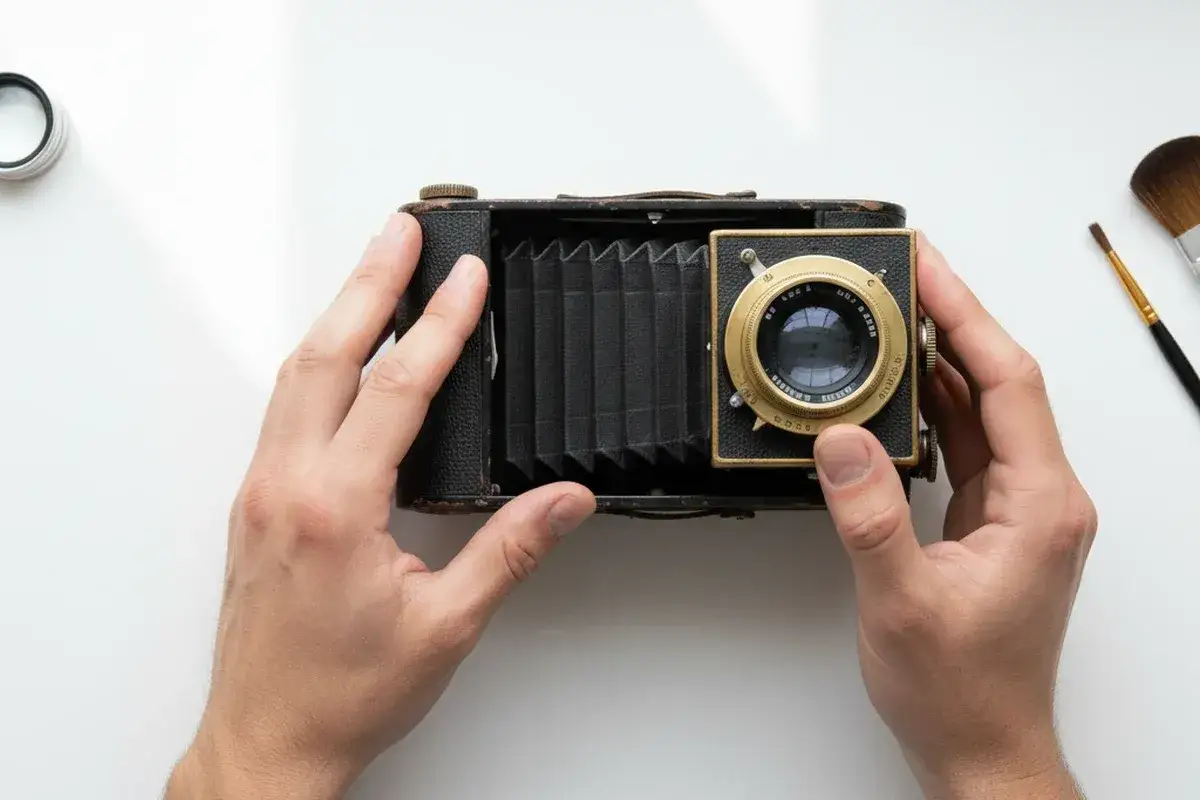 Hands hold a vintage bellows camera, a reminder that some old cameras worth money are treasures waiting to be rediscovered.