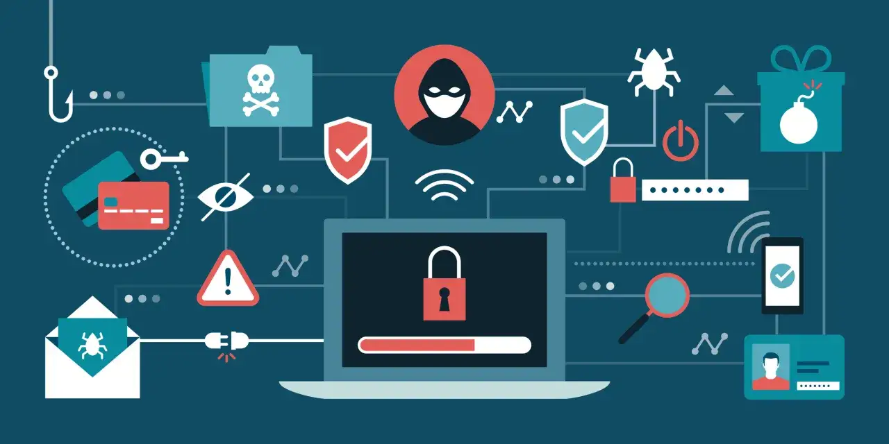 Cybersecurity threats: a hacker, credit cards, a bug in an email, and a locked laptop, illustrating a bot farm's operations.