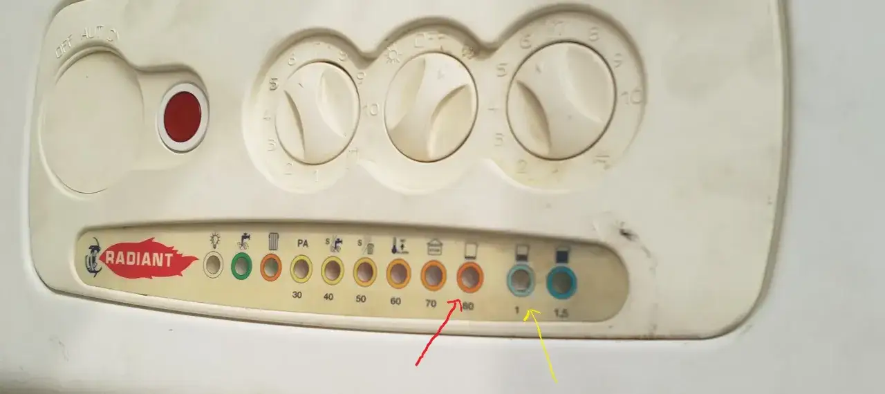 Pannello di controllo caldaia con manopole e spie. La caldaia spia rossa fissa indica un problema.