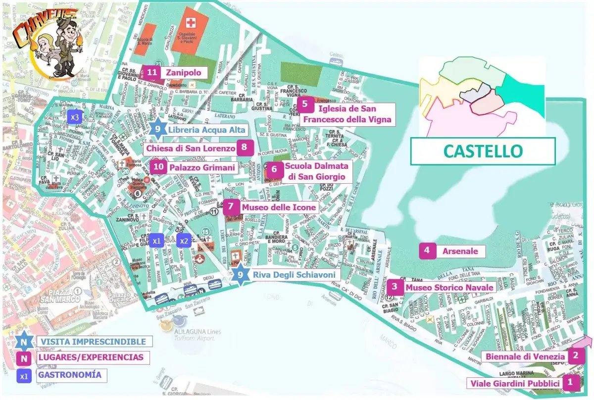 Mapa de Venecia con puntos de interés. ¿Cuántos días para ver Venecia? Aquí tienes una guía para planificar tu visita.