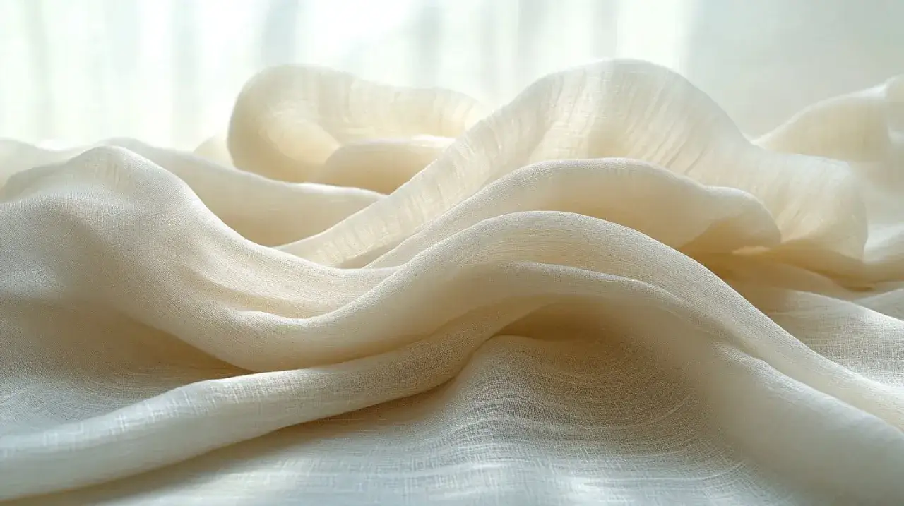 Drap&eacute; de tissu l&eacute;ger et a&eacute;rien, d'une teinte cr&egrave;me douce. La texture subtile de la viscose rayon cr&eacute;e des ombres et des lumi&egrave;res d&eacute;licates.