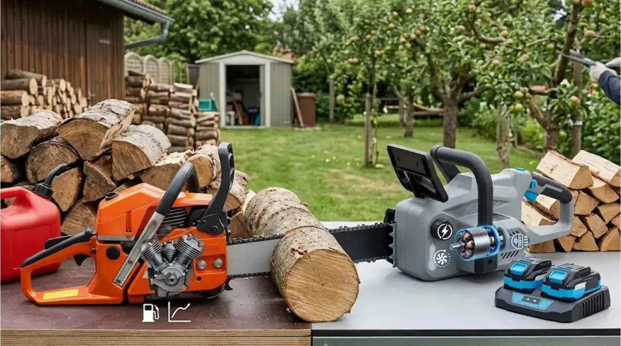 Pomarańczowa piła spalinowa i szara piła elektryczna leżą obok siebie, gotowe do cięcia drewna.