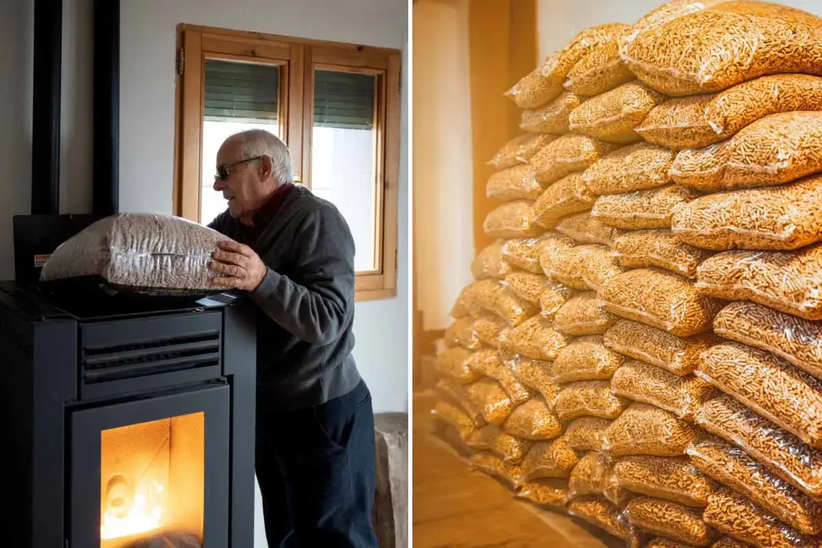 Un homme charge un sac de granulés dans un poêle. À côté, une pile de sacs de granulés, prêts pour la consommation.