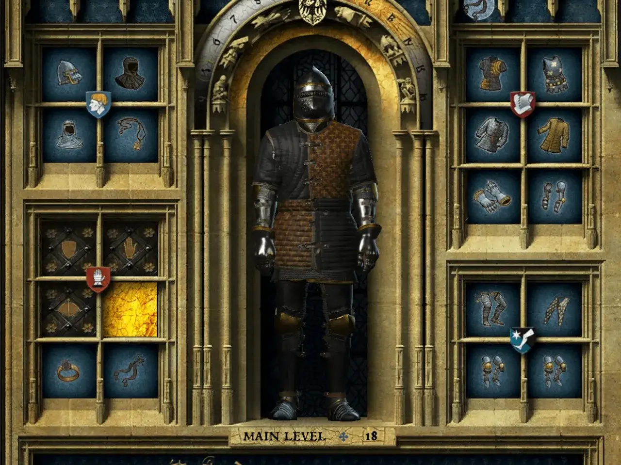 Postać w zbroi z Kingdom Come Deliverance, prezentująca najlepszą zbroję. Widoczne ikony ekwipunku.