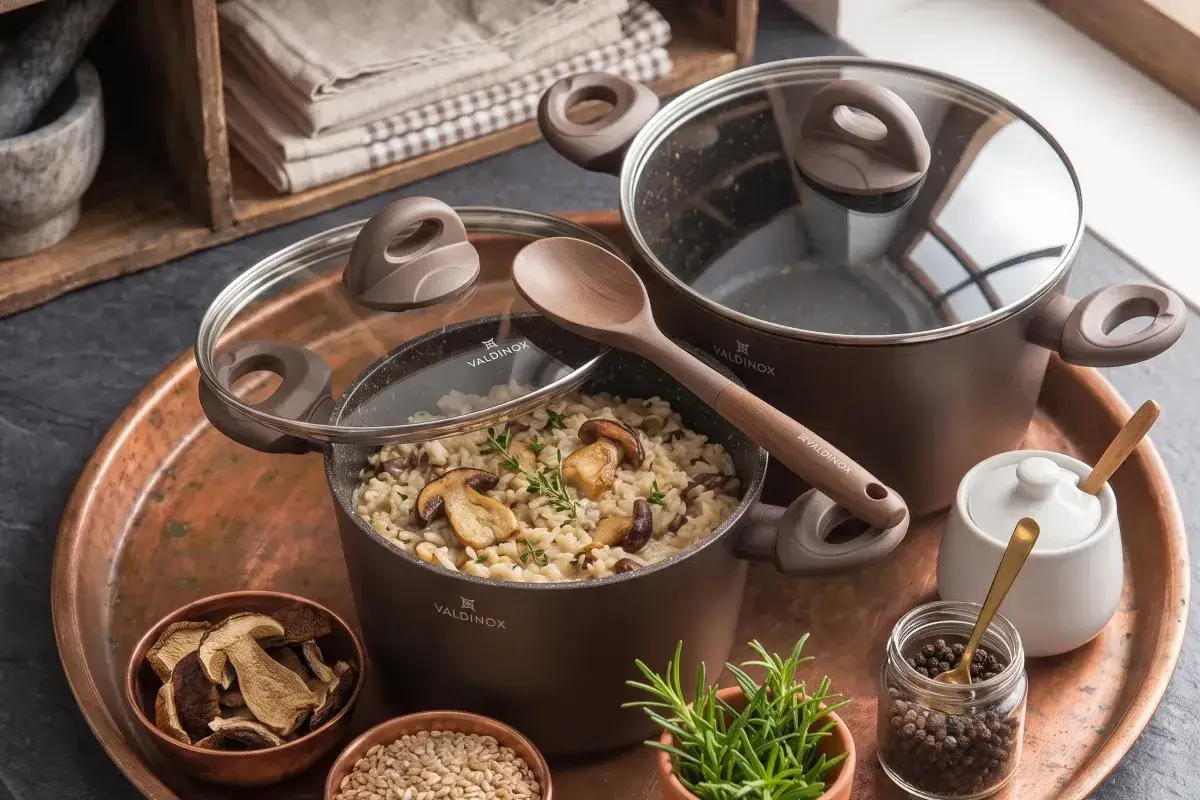Garnki aluminiowe Valdinox z risotto i grzybami. Czy garnki aluminiowe są szkodliwe? Zależy od powłoki.