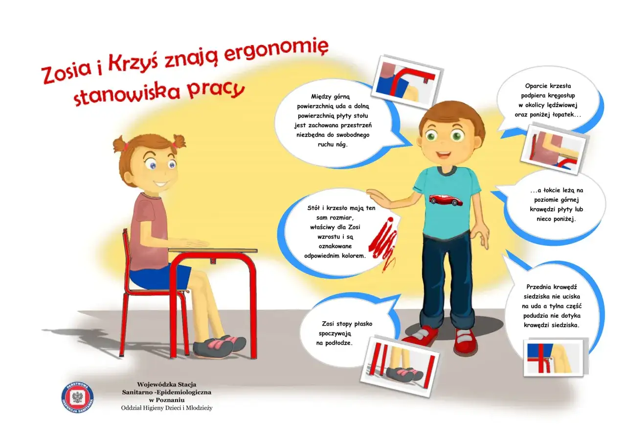 Zosia i Krzyś uczą się, co to jest ergonomia, prawidłowo ustawiając krzesło i stół, by praca była wygodna i zdrowa.