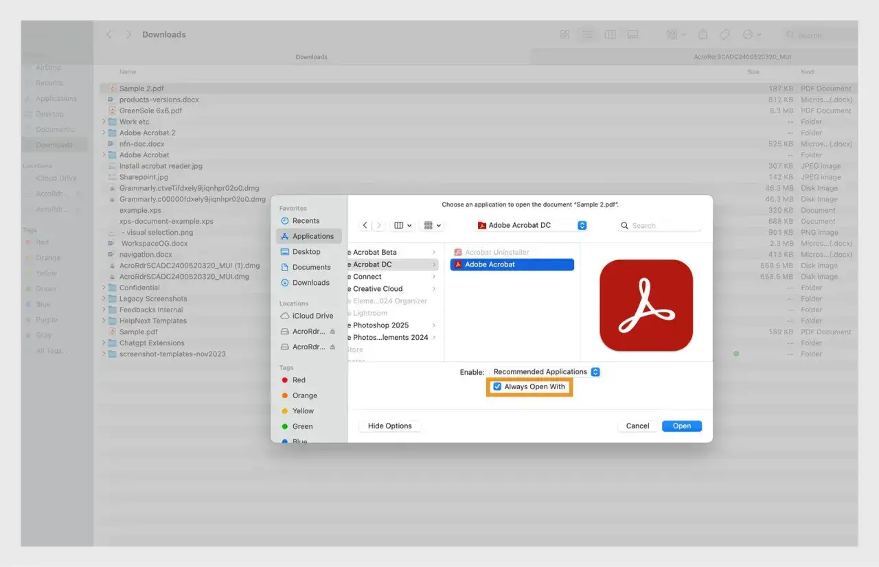 Ustawianie Adobe Acrobat jako domyślnego programu do otwierania plik&oacute;w PDF. Zaznacz 