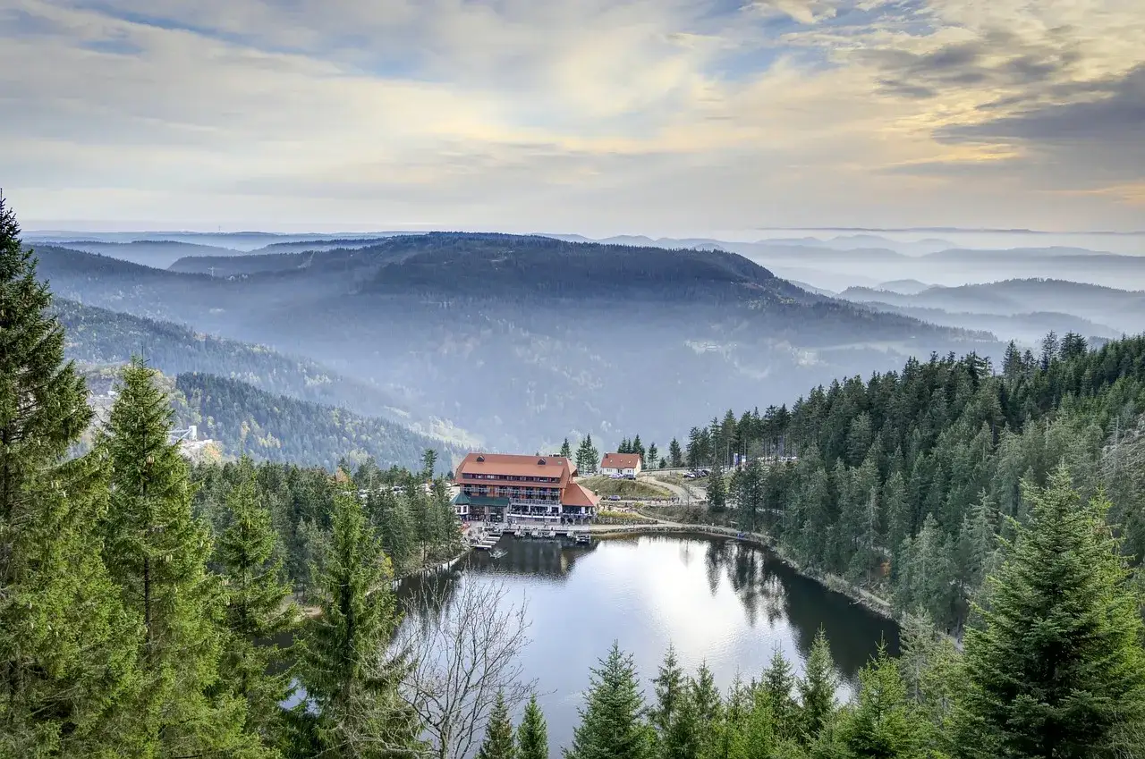 Un lago tranquillo circondato da foreste verdi e colline nebbiose. Una strada panoramica della Foresta Nera serpeggia verso un edificio con tetto rosso.