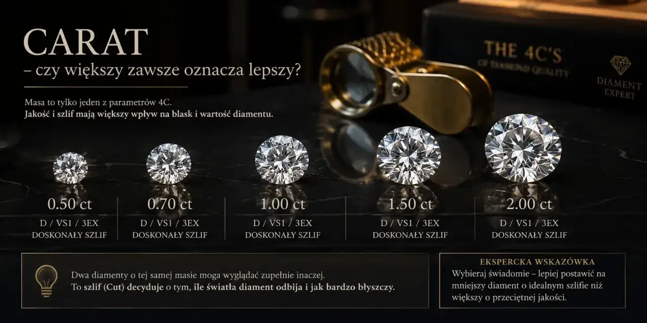 Porównanie cen diamentów o różnej masie. Od 0.50 do 2.00 ct, z uwzględnieniem jakości i szlifu.