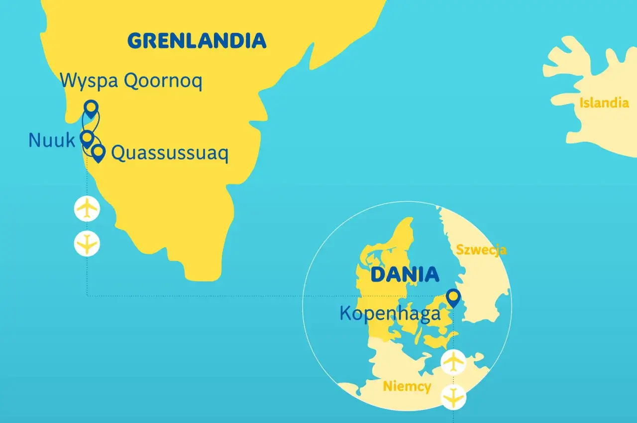 Mapa pokazuje Grenlandię, Islandię i Danię. Dania graniczy ze Szwecją i Niemcami.