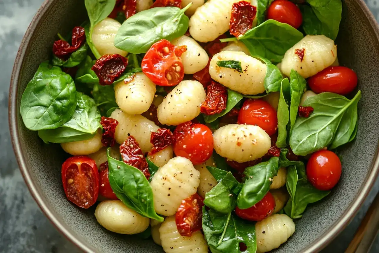 Gnocchi Salat mit Kirschtomaten, getrockneten Tomaten und frischem Spinat, garniert mit schwarzem Pfeffer.