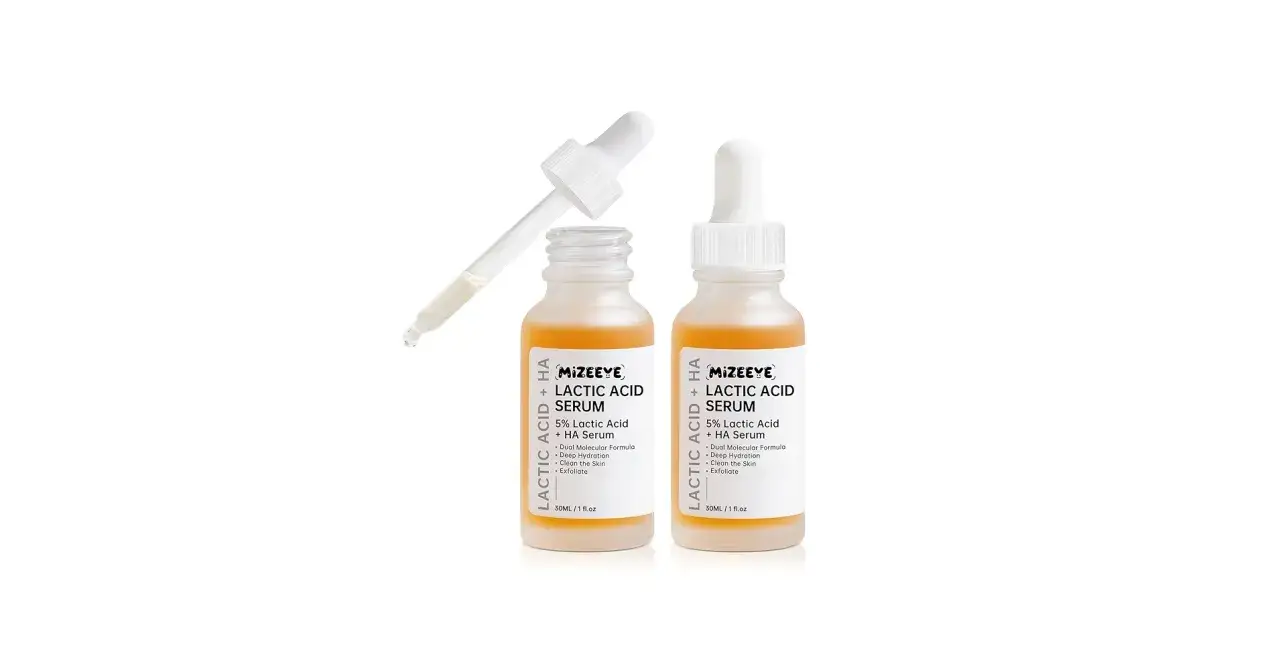 Dwie buteleczki serum z kwasem mlekowym na twarz, jedno z pipetką z kroplą.