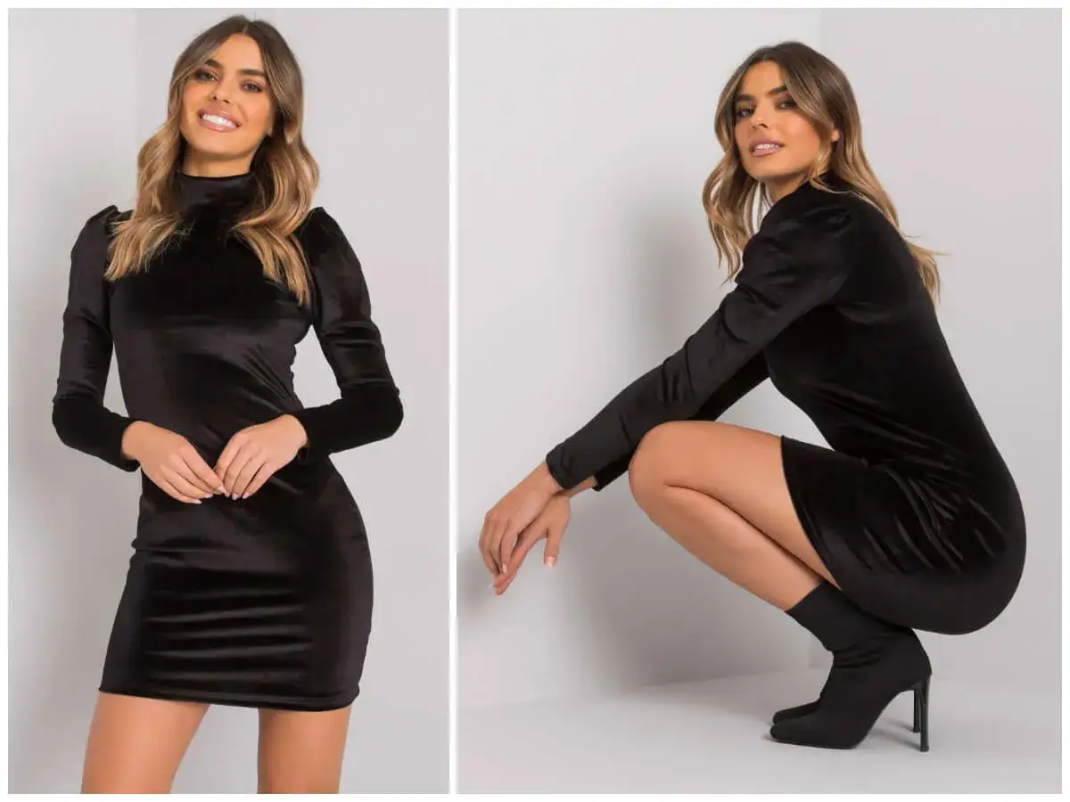 Elegancka czarna welurowa sukienka z bufiastymi rękawami. Idealnie pasuje do botk&oacute;w na obcasie, tworząc stylowy look. Jakie buty do welurowej sukienki? Botki to świetny wyb&oacute;r!