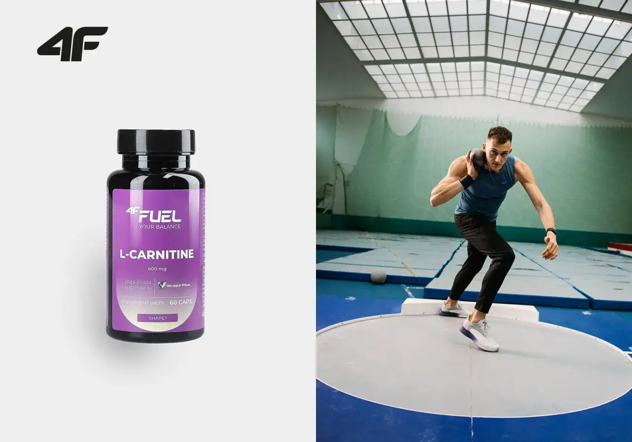 L-karnityna efekty po miesiącu. Atletyczny mężczyzna rzuca kulą, obok butelka suplementu 4F FUEL L-CARNITINE.