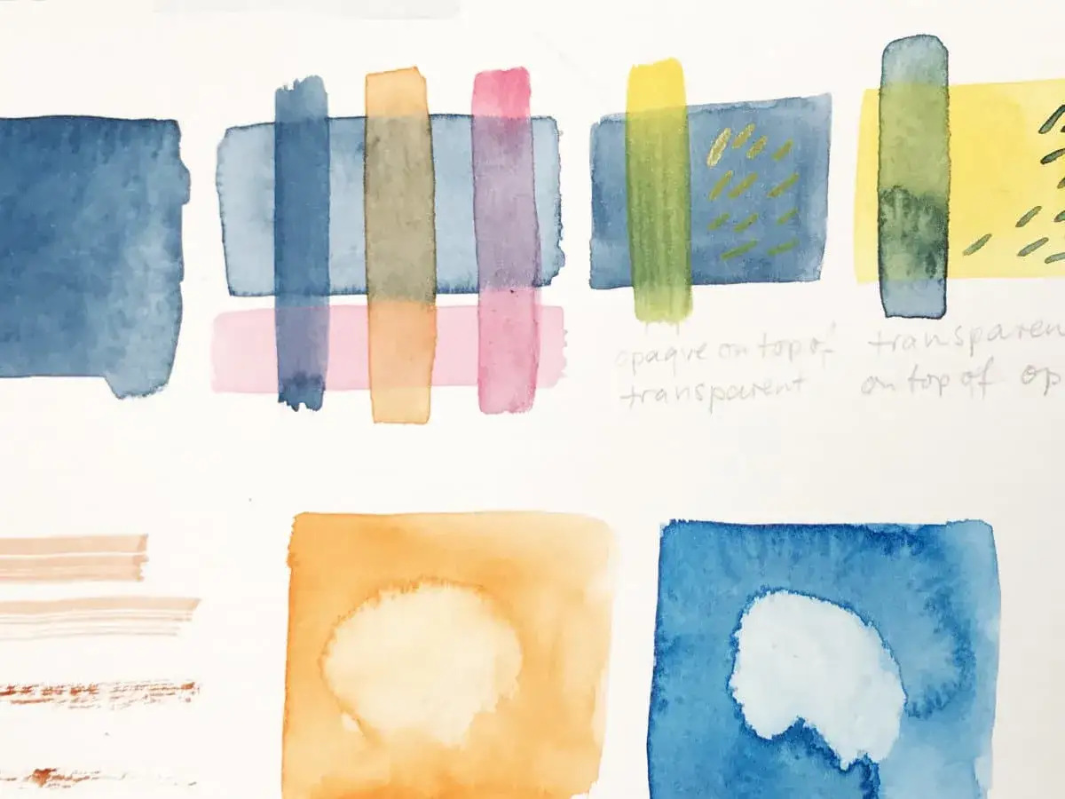 Exploraci&oacute;n de texturas y transparencias en dibujos acuarela. Bloques de color y trazos experimentales.
