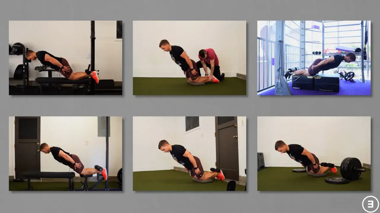 Man utför nordic hamstring curl med olika belastningar och hjälp. Övningen stärker baksida lår.