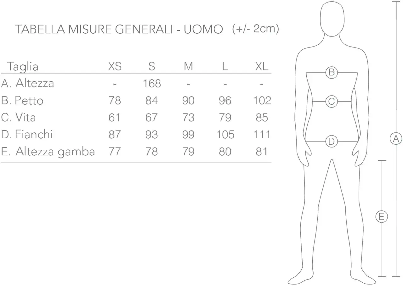 Tabella misure uomo: taglia S corrisponde a 168cm altezza, 84cm petto, 67cm vita, 93cm fianchi, 78cm altezza gamba.