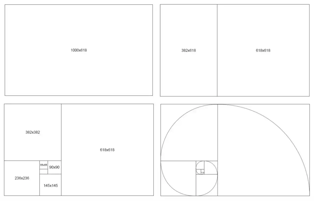 Ilustracje pokazują złoty podział w architekturze, z podziałami prostokąt&oacute;w i spiralą Fibonacciego.