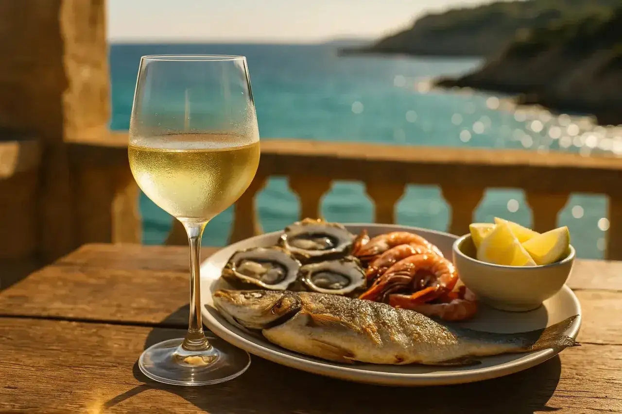 Chłodne wino vermentino idealnie komponuje się z talerzem świeżych owoc&oacute;w morza i rybą, serwowanych na tle błękitnego morza.