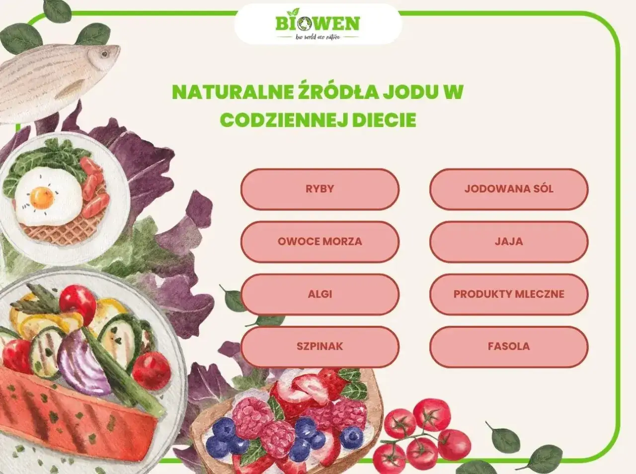 Czy s&oacute;l jodowana jest zdrowa? Obraz pokazuje naturalne źr&oacute;dła jodu: ryby, owoce morza, algi, szpinak, jaja, produkty mleczne, fasolę i s&oacute;l jodowaną.