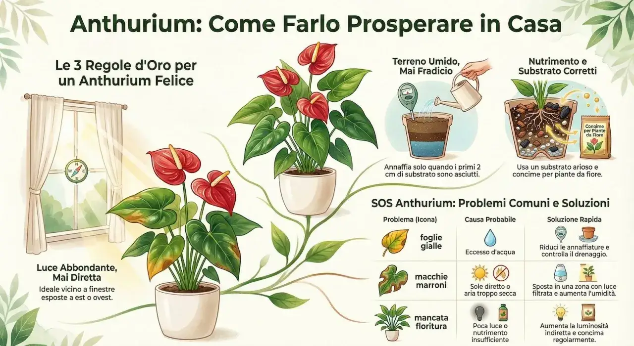 Guida su come coltivare l'Anthurium in casa: luce, acqua e concime corretti per piante rigogliose.