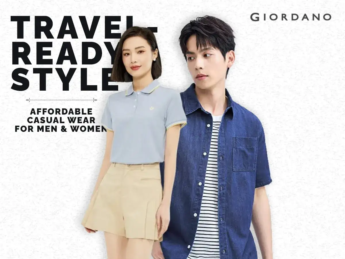 Moda casual per viaggiare: un uomo e una donna con abbigliamento comodo e stiloso. Giordano offre abbigliamento casual per tutti.