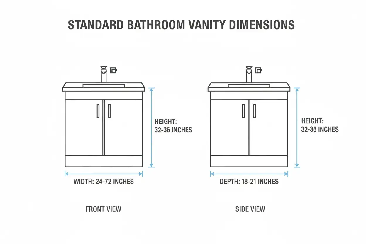 Diagrams show standard bathroom vanity dimensions, with a height from floor of 32-36 inches.