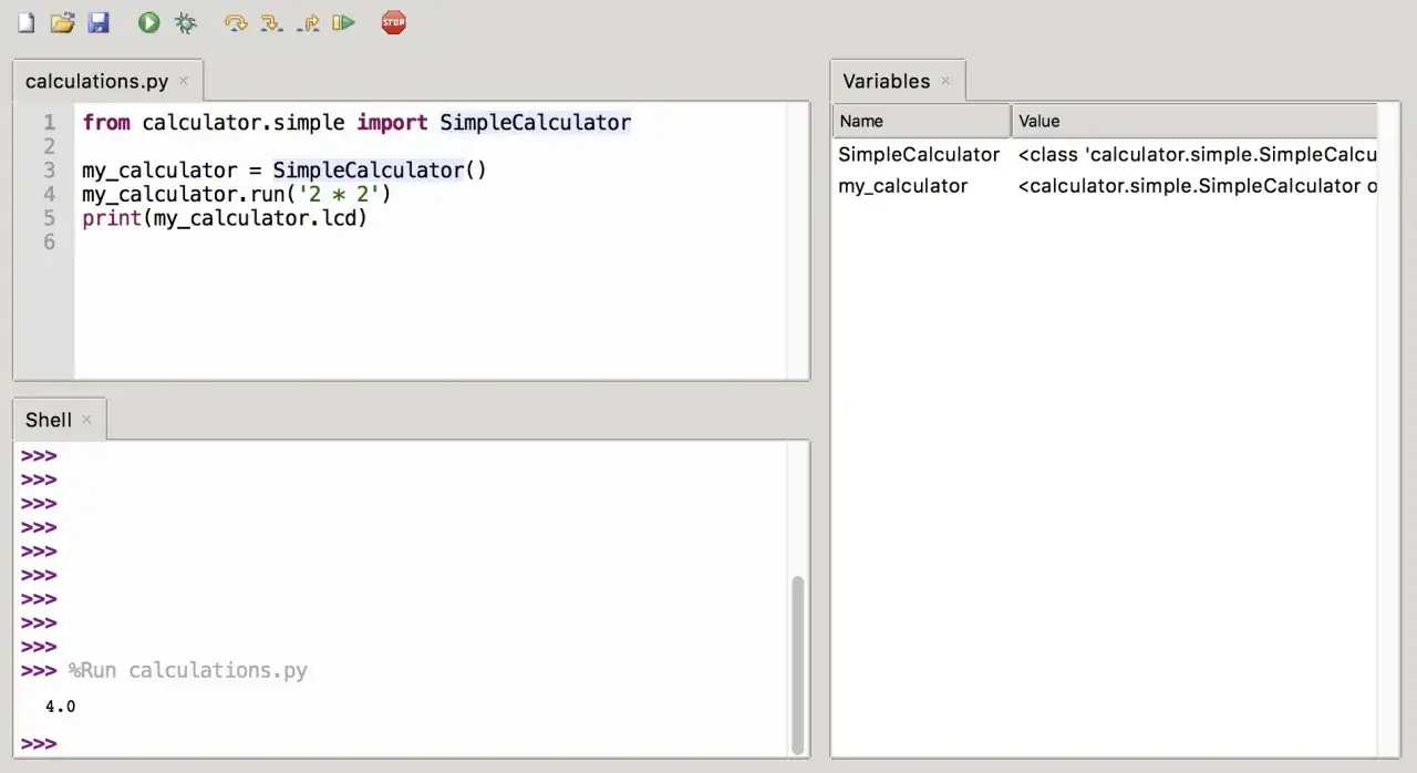 Proste programy w Pythonie: tworzenie obiektu SimpleCalculator, uruchamianie obliczeń '2 * 2' i wyświetlanie wyniku 4.0.