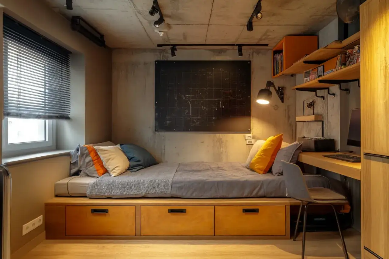 Nowoczesny pokoj loftowy dla chlopaka z łóżkiem na podeście, biurkiem i półkami. Betonowe ściany i sufit nadają industrialny charakter.