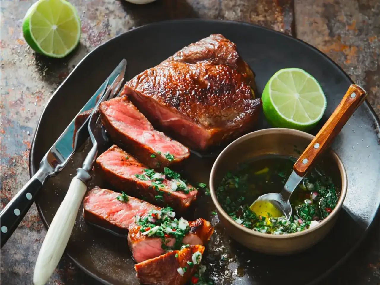 Un steak juteux tranché, garni d'une sauce maison pour viande fraîche et vibrante, avec des quartiers de citron vert sur le côté.