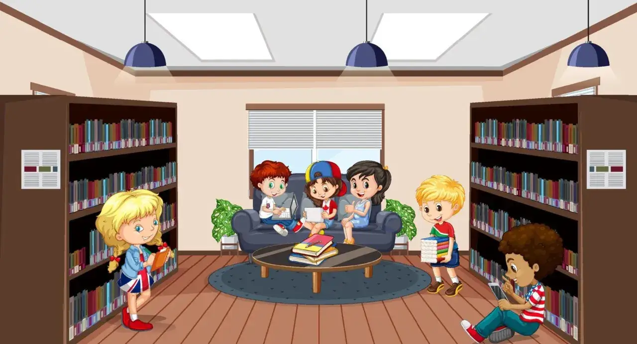 Ni&ntilde;os explorando una biblioteca, buscando libros de misterio para ni&ntilde;os de 10 a 12 a&ntilde;os.