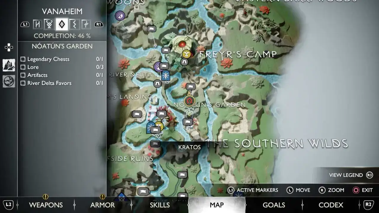 Mapa de Vanaheim en God of War Ragnarök, mostrando la ubicación de cofres y otros coleccionables en Nóatún's Garden.