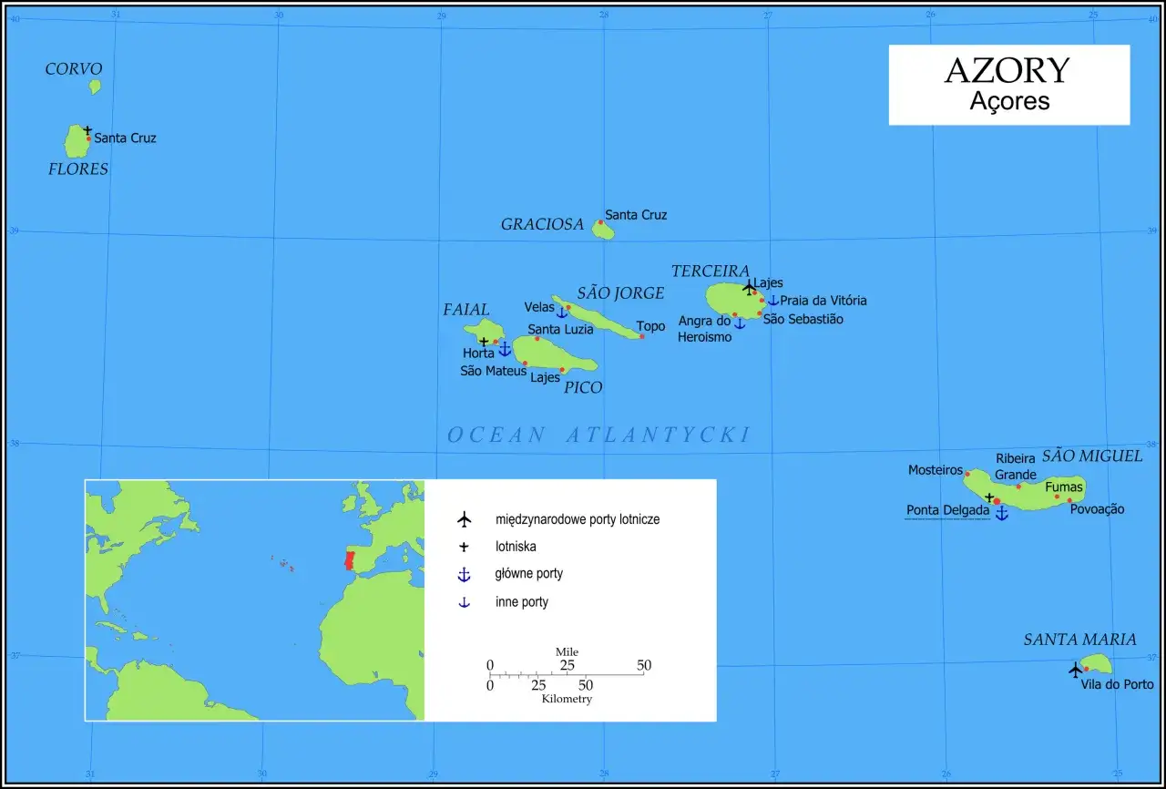 Mapa Azorów, archipelagu wysp na Atlantyku, z zaznaczonymi miastami, lotniskami i portami.