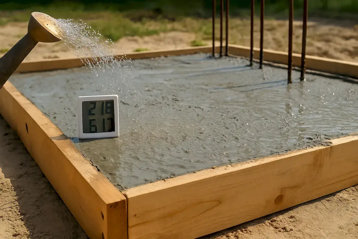 Podlewany beton w drewnianej formie, obok termometr pokazujący 21.8°C. Czas schnięcia betonu zależy od wielu czynników.