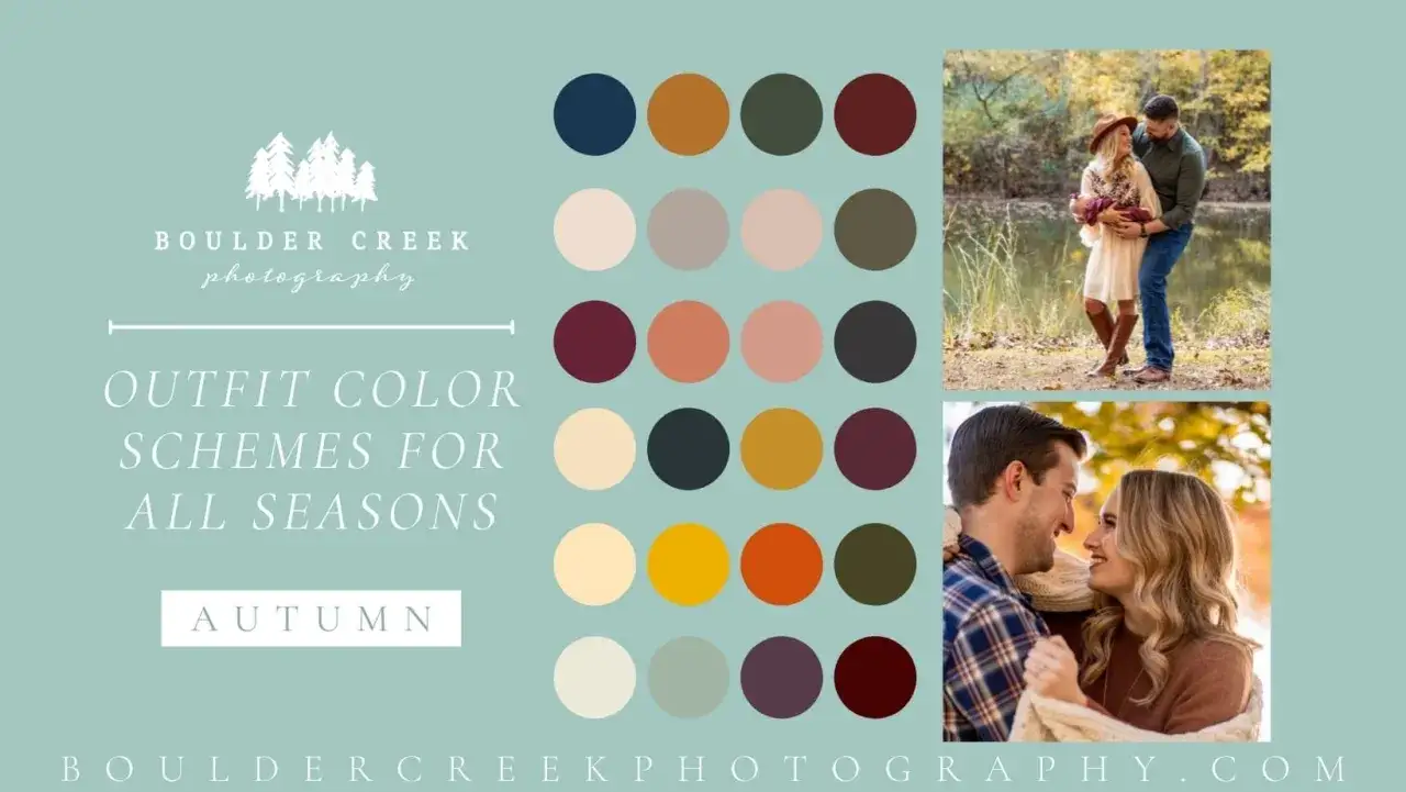 Paleta de colores para sesiones de fotos de otoño. Muestra parejas y familias con atuendos que combinan con la colorimetría de la estación.
