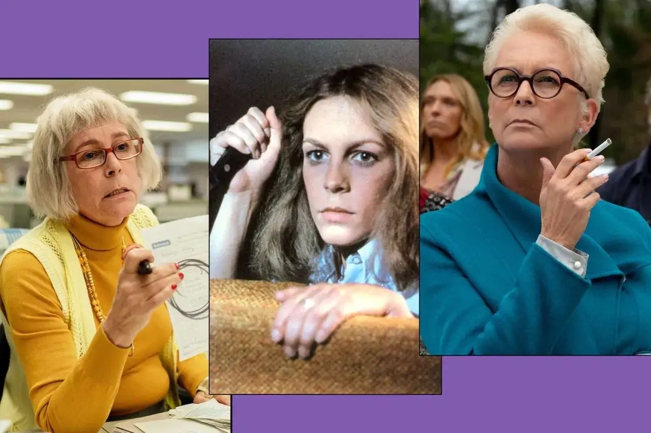 Jamie Lee Curtis i tre olika roller: som en äldre kvinna med glasögon, som ung med en kniv, och som en äldre kvinna som röker. Filmer med Jamie Lee Curtis.