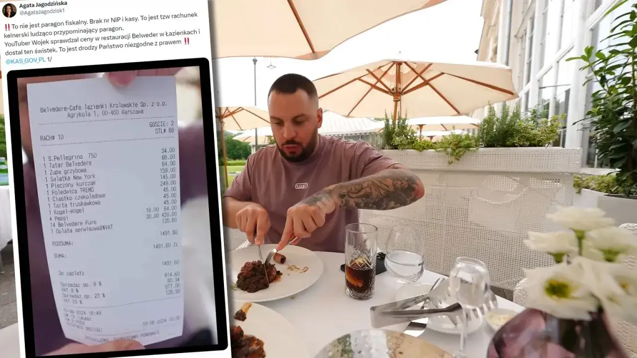 Rachunek po francusku z restauracji Belvedere w Łazienkach Królewskich. YouTuber Wojtek sprawdził ceny, a kwota 1491,60 zł budzi zdziwienie.
