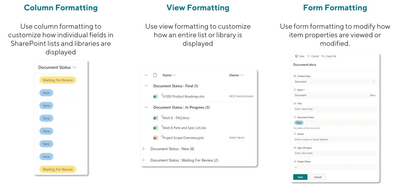 Mise en forme de colonnes, vues et formulaires dans SharePoint. Visualisation des statuts de documents comme 