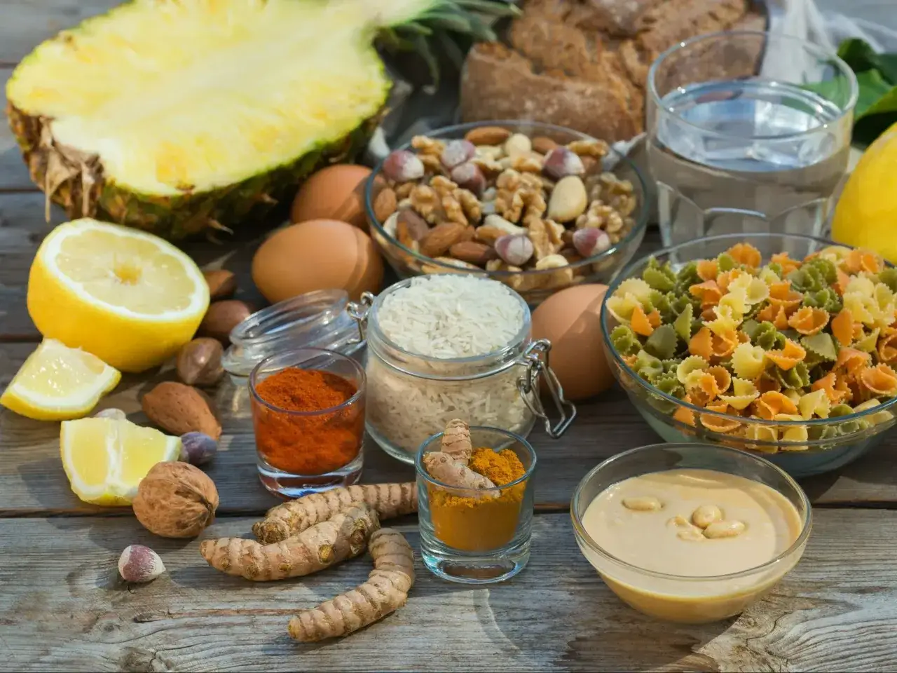 Składniki na zdrowe posiłki: ananas, cytryny, jajka, orzechy, ryż, makaron, przyprawy jak kurkuma i papryka. Wsparcie w dna moczanowa leczenie.