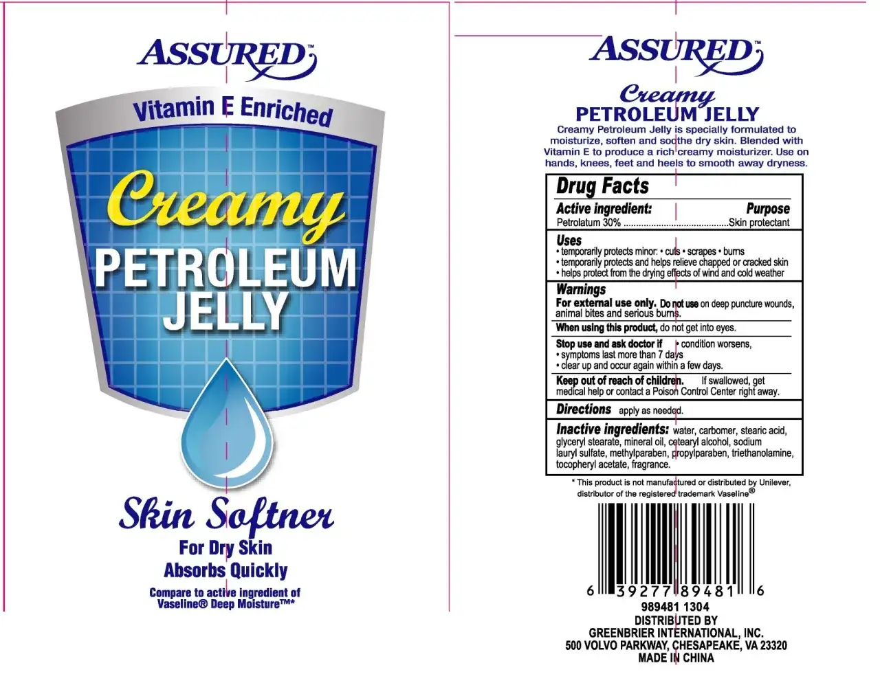 ASSURED Creamy Petroleum Jelly, z petrolatum co to jest składnik aktywny. Nawilża, zmiękcza i łagodzi suchą skórę.