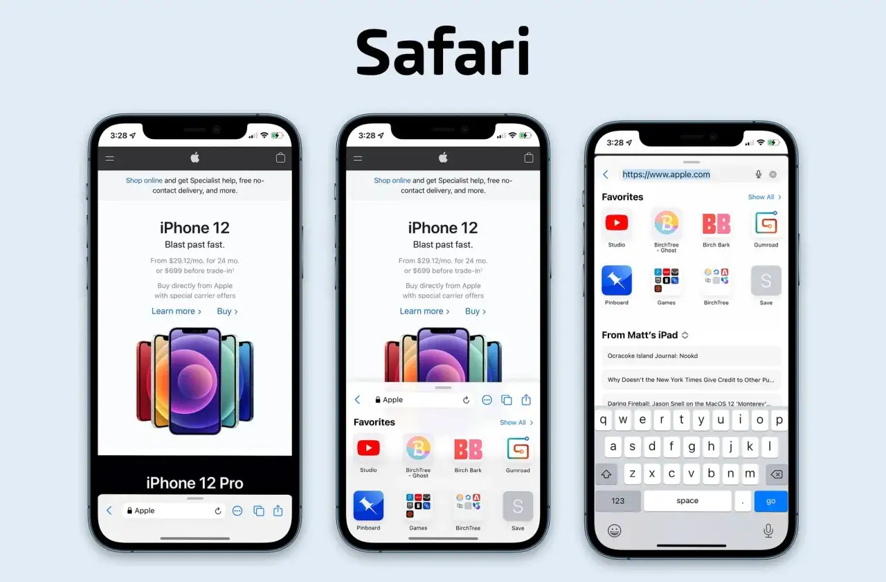 Trzy ekrany iPhone'ów prezentujące przeglądarkę Safari z ofertą iPhone'a 12 i ulubionymi stronami.