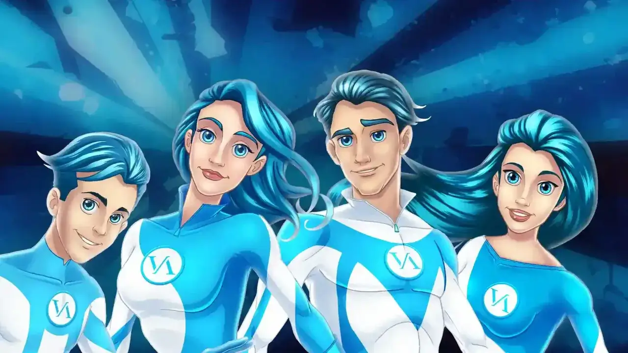 Cuatro jóvenes con cabello azul y trajes blancos y azules, en estilos de dibujo anime, posan sonriendo.