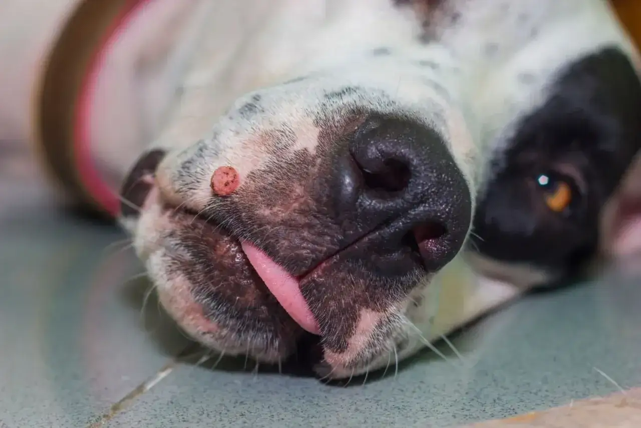 Gros plan sur le museau d'un chien avec une verrue sur la lèvre. Le vétérinaire envisage un verrue chien traitement.